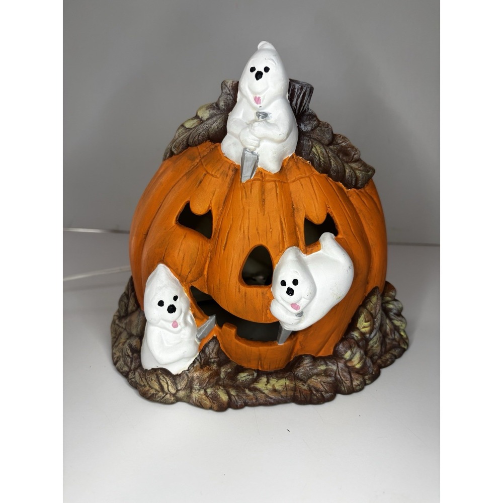👻Vintage 1980 Ceramic Halloween Light Up Hand Painted Pumpkin Ghosts